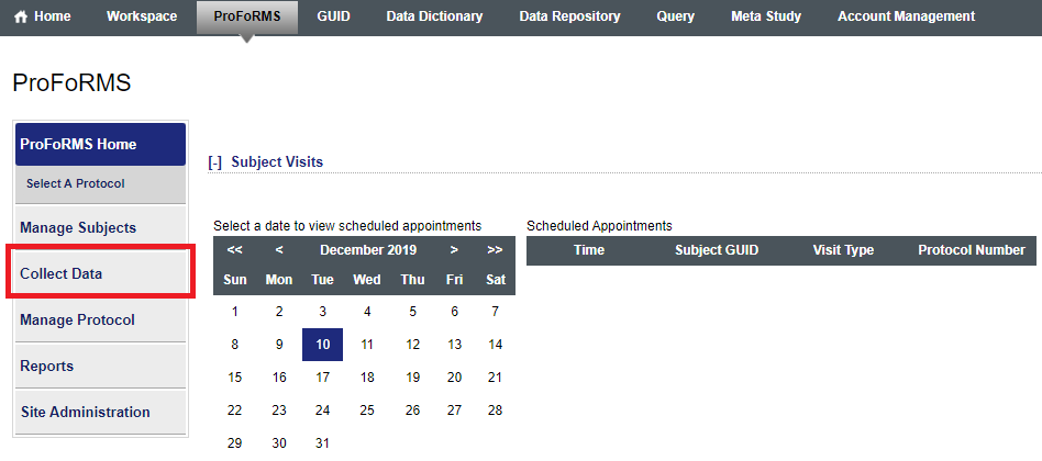 Screenshot of ProFoRMS module dashboard with 'Collect Data' link located on the left