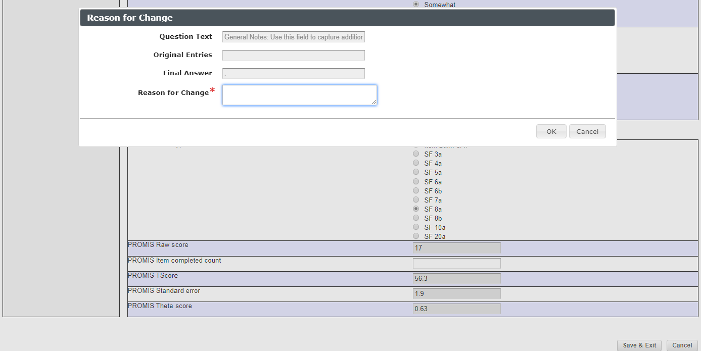 Snapshot of data collection entry page with 'Reasons For Change' window shown