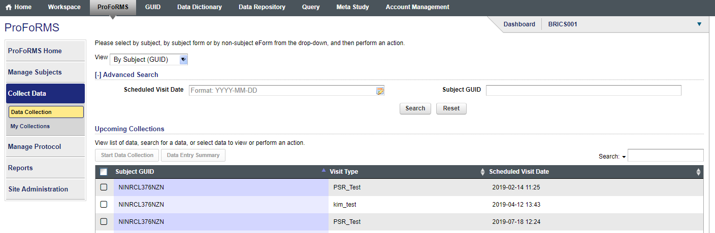 Snapshot of data collection page by subject (GUID)