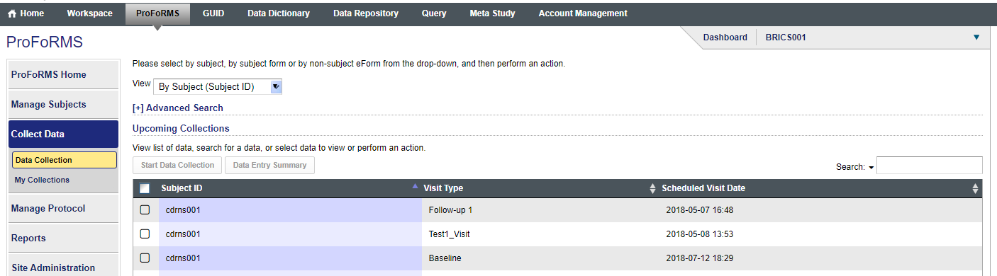 Snapshot of data collection page by subject (Subject ID)